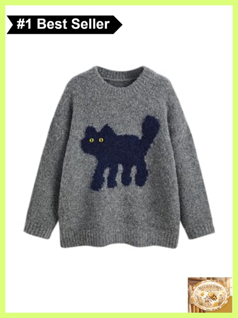 Women's Cat Graphic Chunky Knit Pullover Sweater Oversized Crew Neck